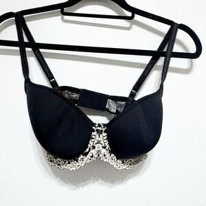 Wacoal Bra 32D Black Ivory Lace Lightly Padded Back Closure Underwire